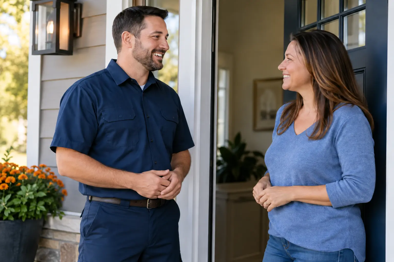 A local service professional talking with a homeowner