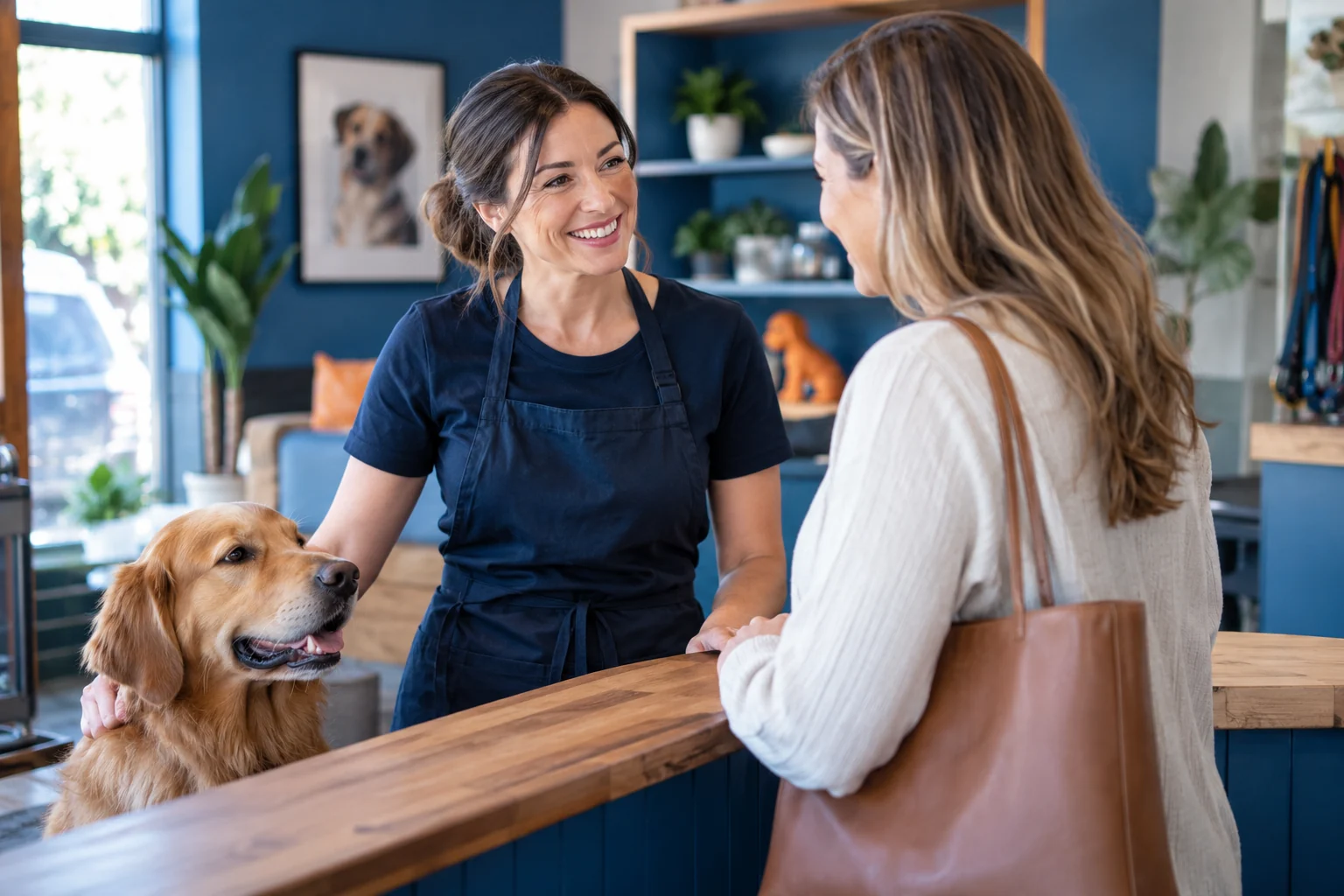 A business owner warmly greeting a customer and her dog